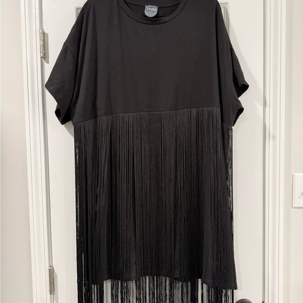 ARULA Black T-Shirt Dress with Fringe